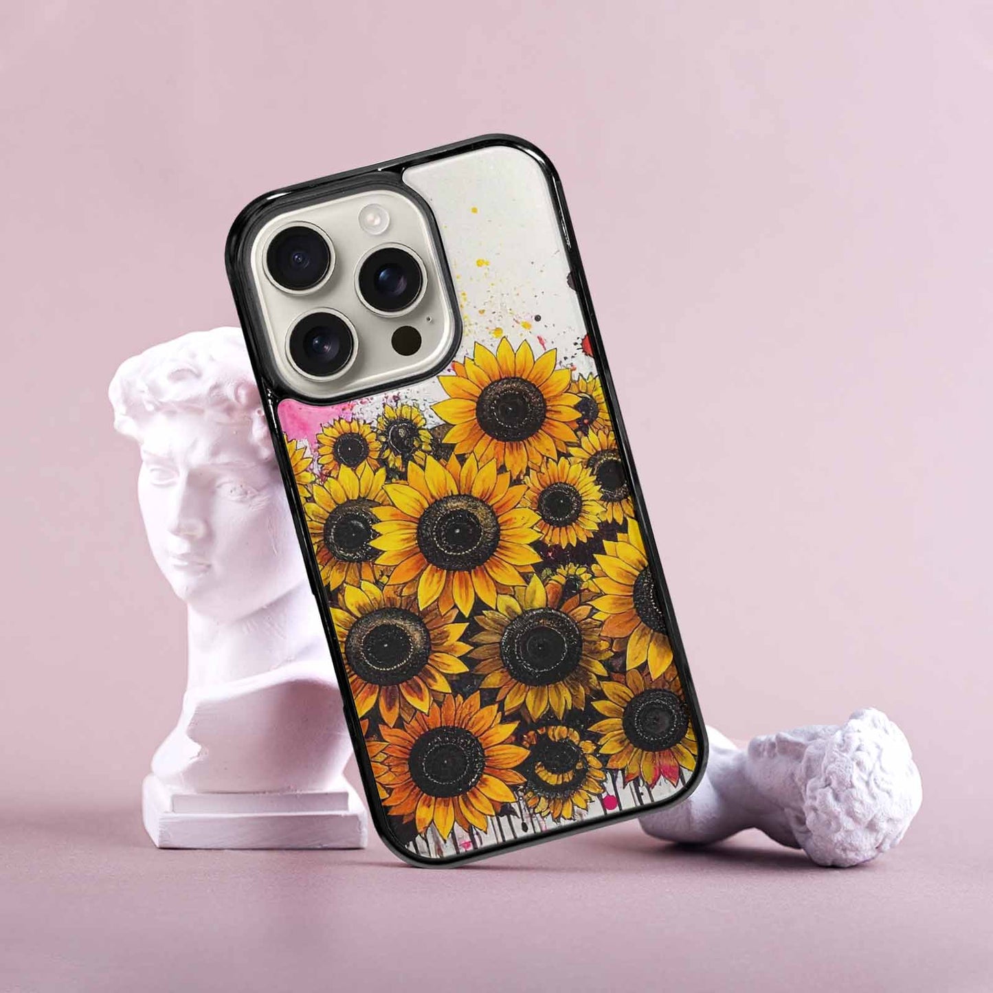 iPhone 16 Pro Case — Sunflower Burst Black Pink Ink Sunflowers, Custom Print Case Cover