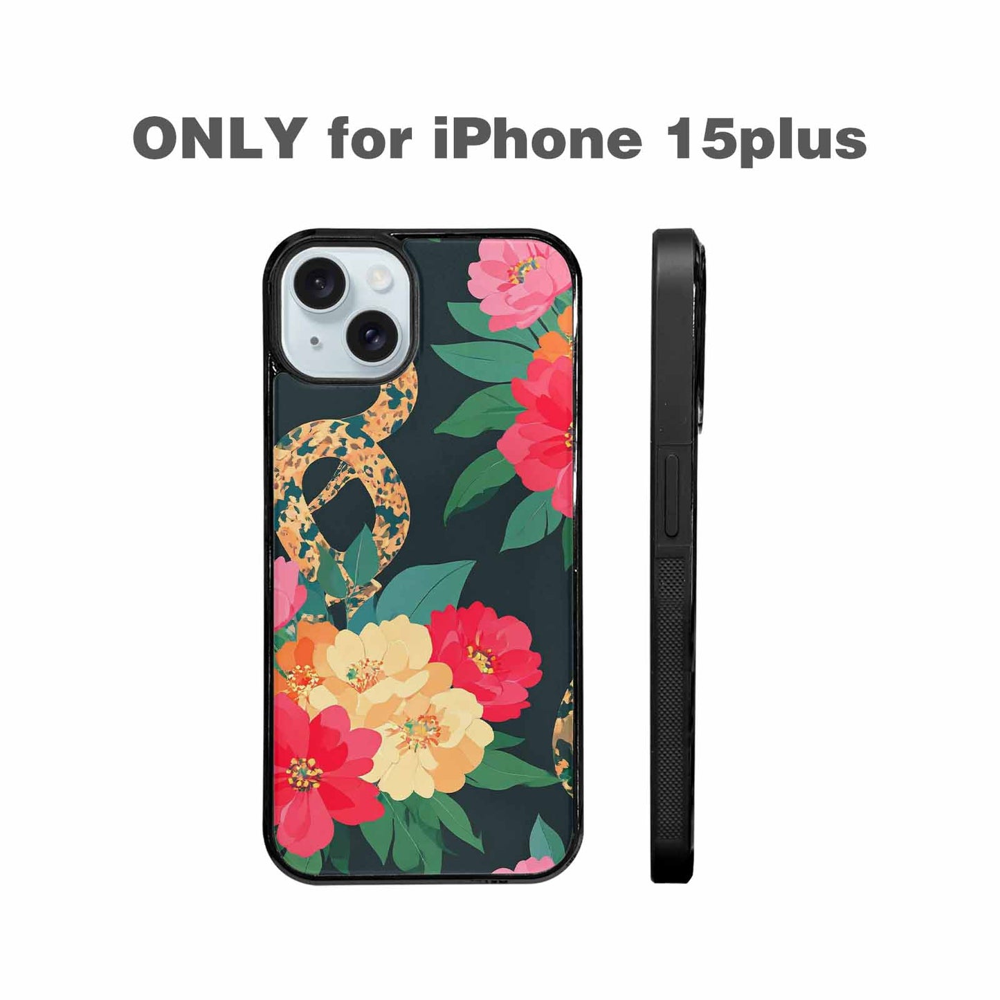 iPhone 15 Plus Case — Floral Snake Print, Custom Printed Phone Case