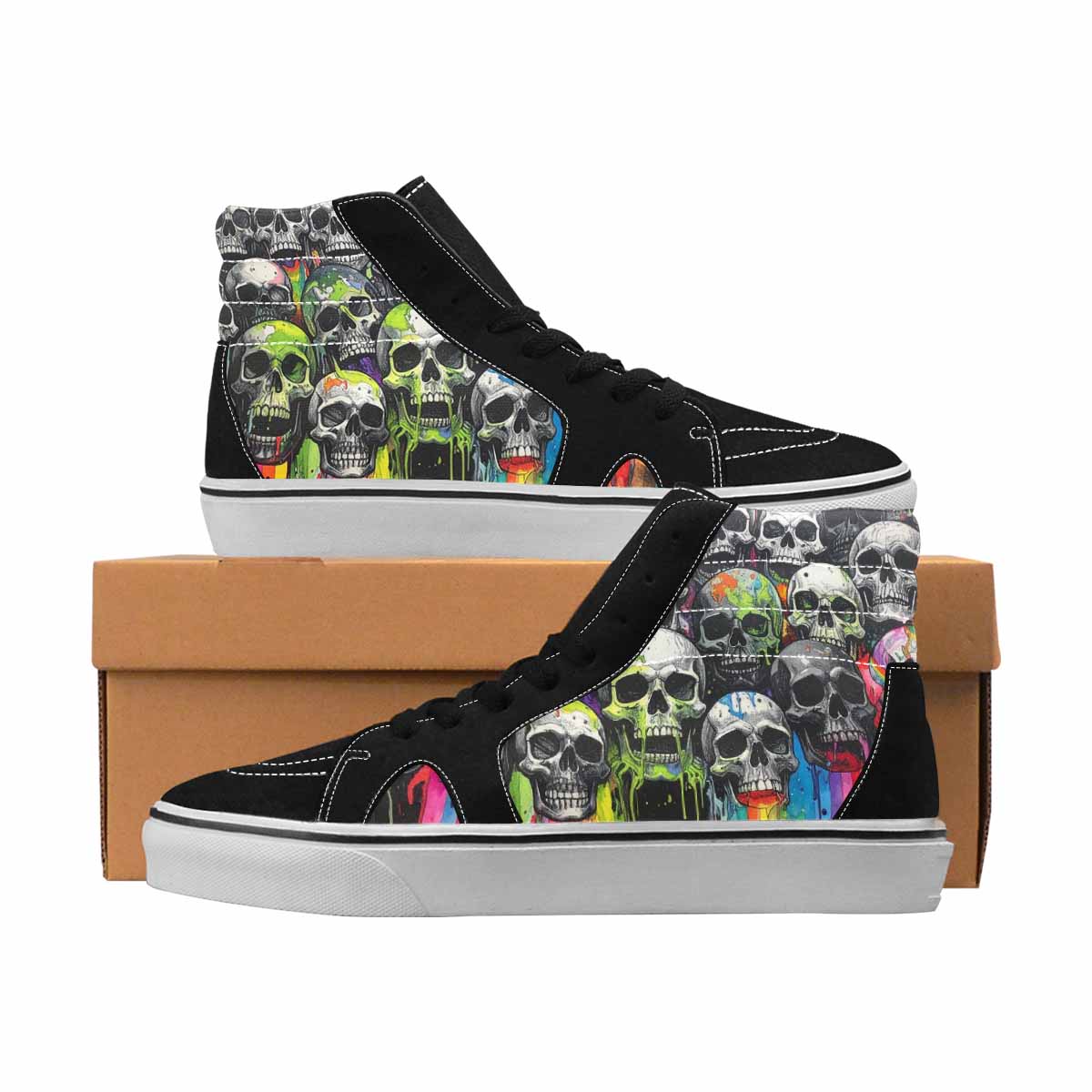 MEN'S Skulls Black & Green Ink High Top Canvas Streetwear Melting Art All Over Print Shoes