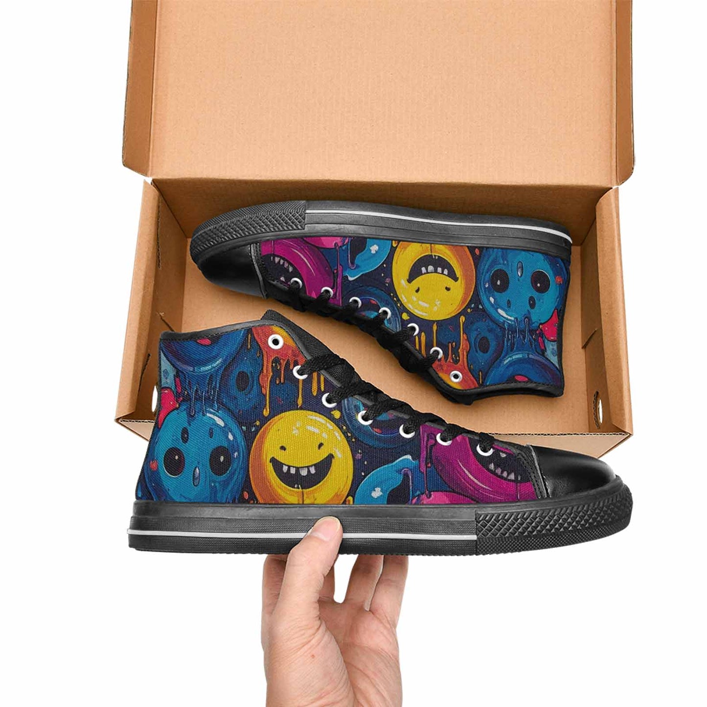 MEN'S Yellow Smiley Face High Top Canvas Neon Fantasy Shoes