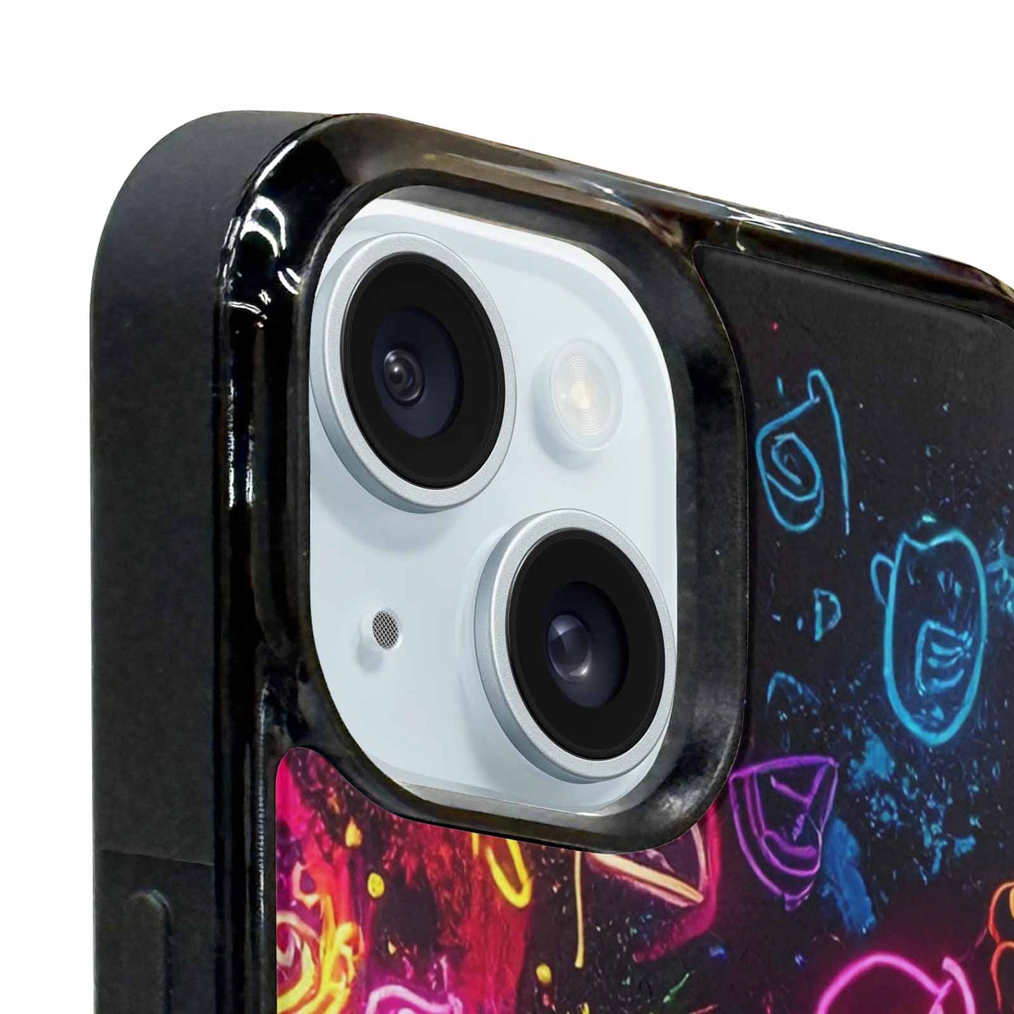 iPhone 15 Plus Case — Neon Glow Outline Icon Pattern Hundreds, Customized Protective Case