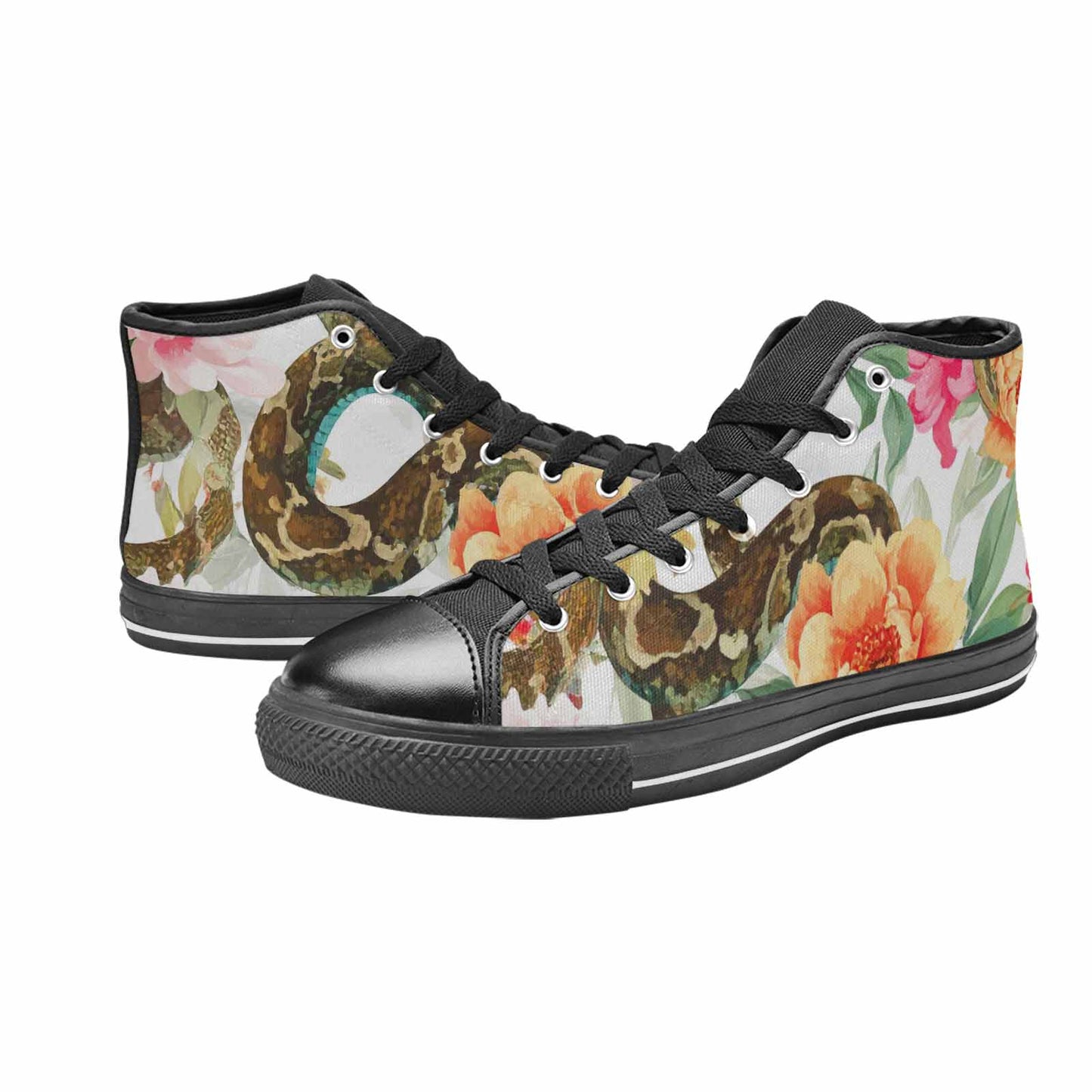 WOMEN'S Floral Snake Print High Top Canvas Vibrant Chaos Custom Shoes