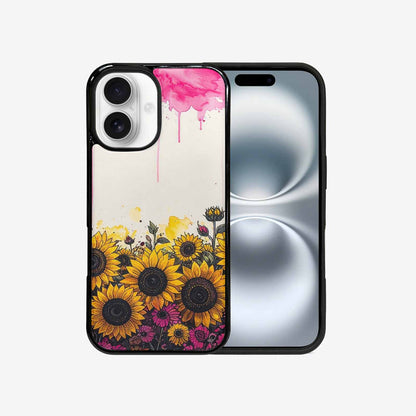 iPhone 16 Case — Sunflower Burst Black Pink Ink Sunflowers, Custom Art Phone Cover