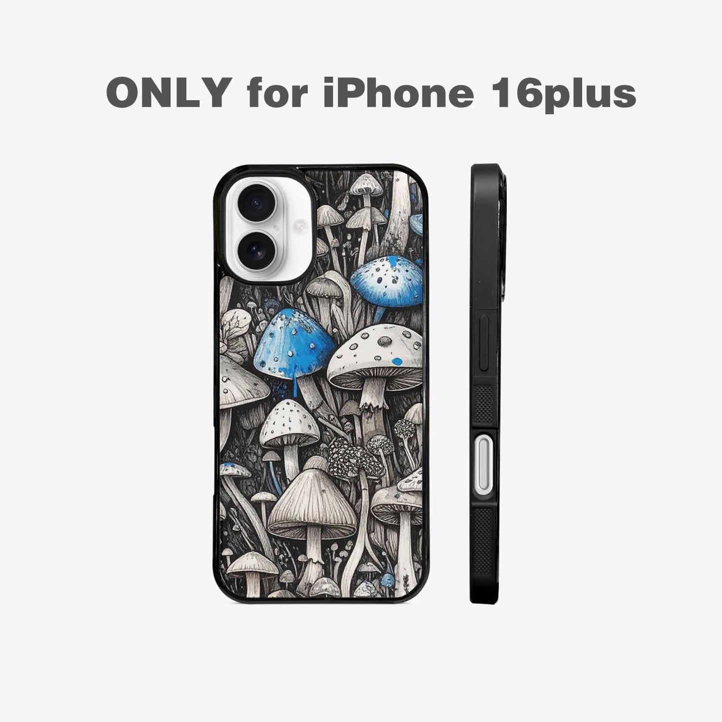 iPhone 16 Plus Case — Mushrooms General Black Blue Ink Mushrooms, Customized Protective Case