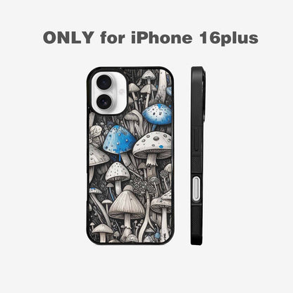 iPhone 16 Plus Case — Mushrooms General Black Blue Ink Mushrooms, Customized Protective Case