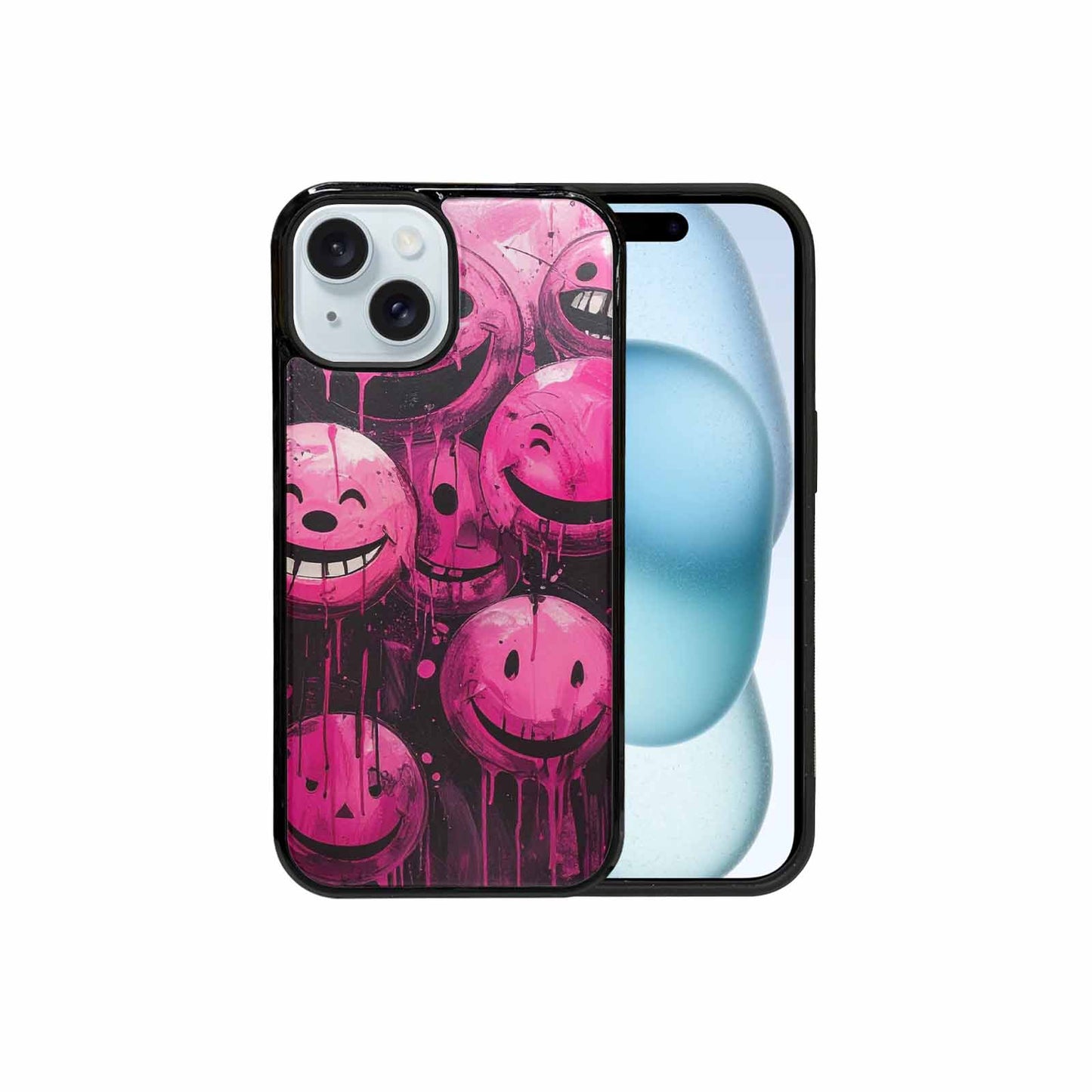 iPhone 15 Case — Melting Moon Smiley Black Pink Ink, Unique Phone Case Design