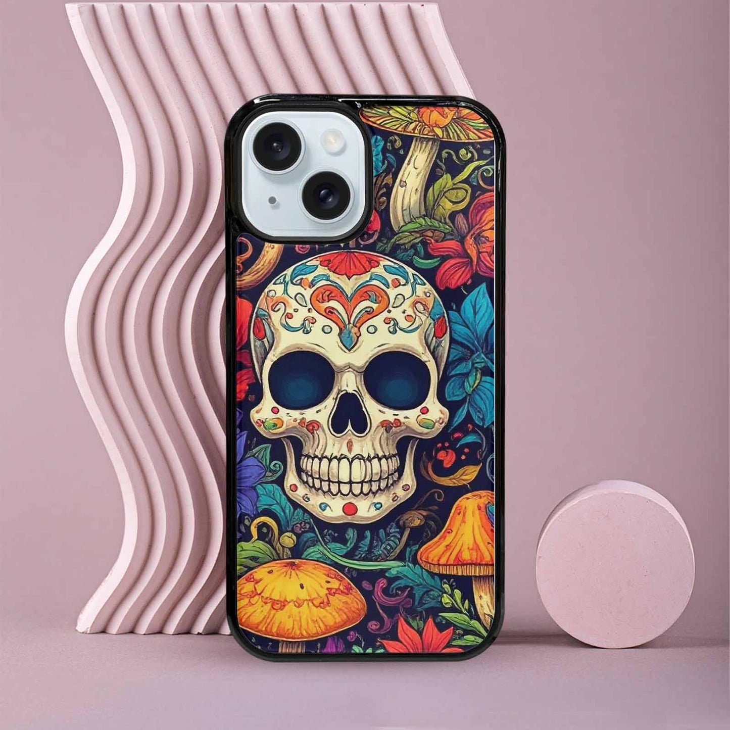 iPhone 15 Case — Mushrooms And Skulls, Custom Printed Phone Case