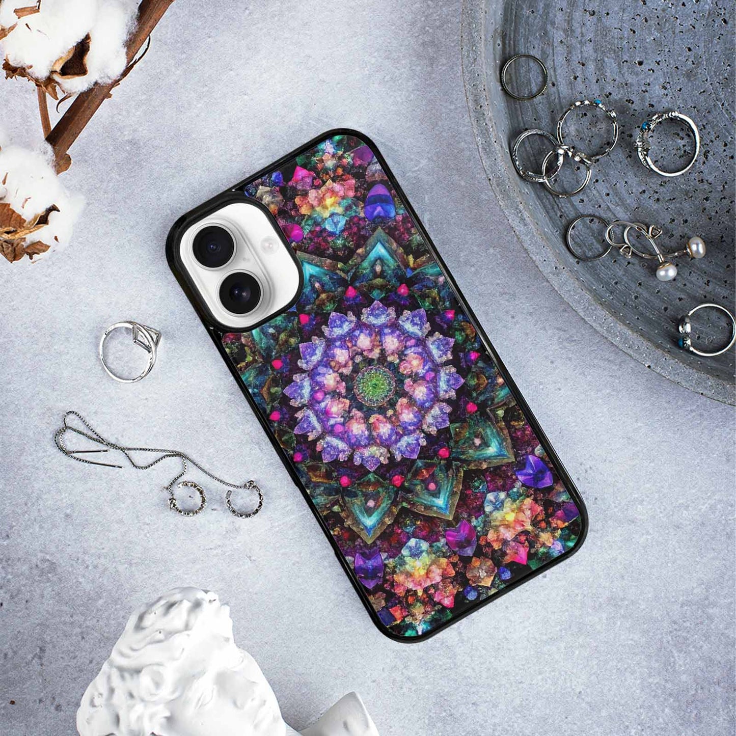 iPhone 16 Plus Case — Crystal Mandala Art Seamless Pattern Vibrant, Original Design Phone Case