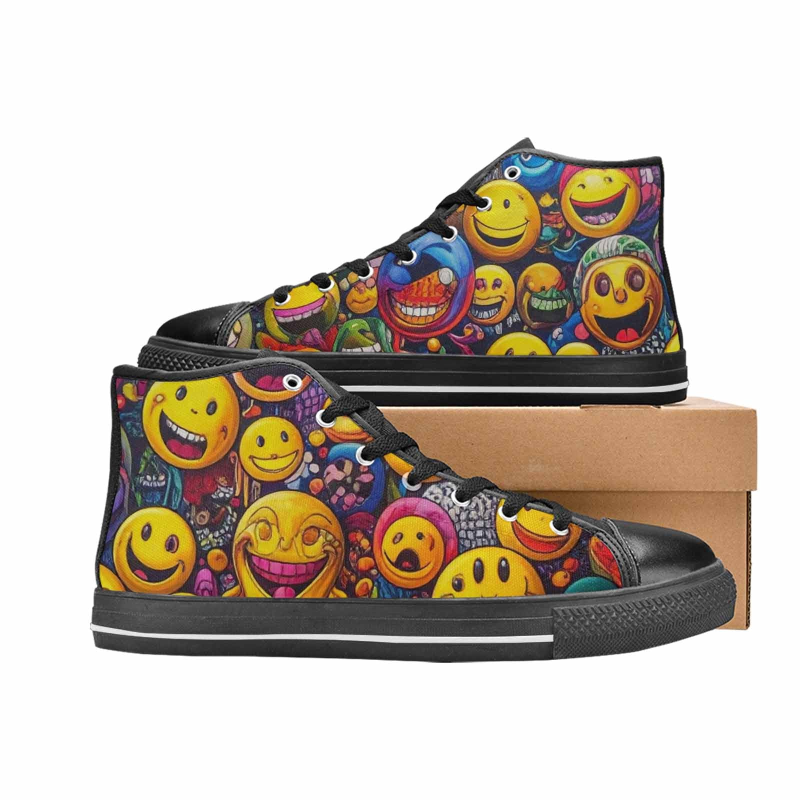 MEN'S Yellow Smiley Face High Top Canvas Vivid Sneakers