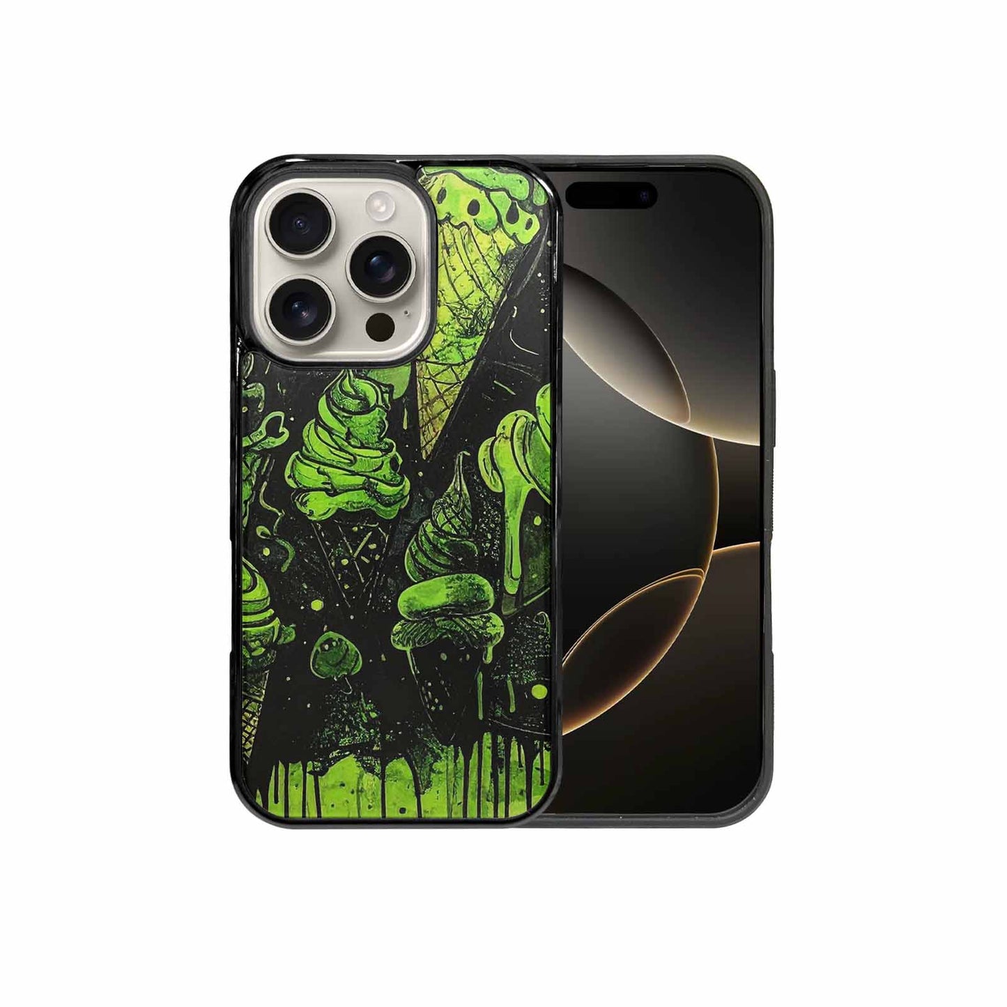 iPhone 16 Pro Case — Ice Cream Motif Black Green Ink, Personalized Phone Case