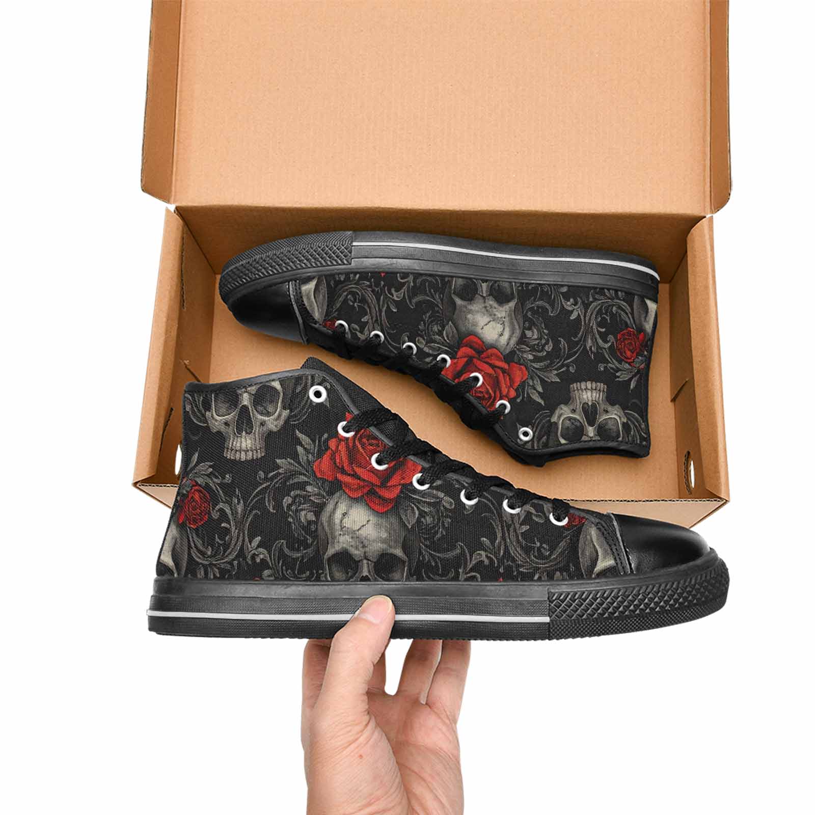 MEN'S Skulls Roses Fine Line High Top Canvas Surreal Custom Shoes