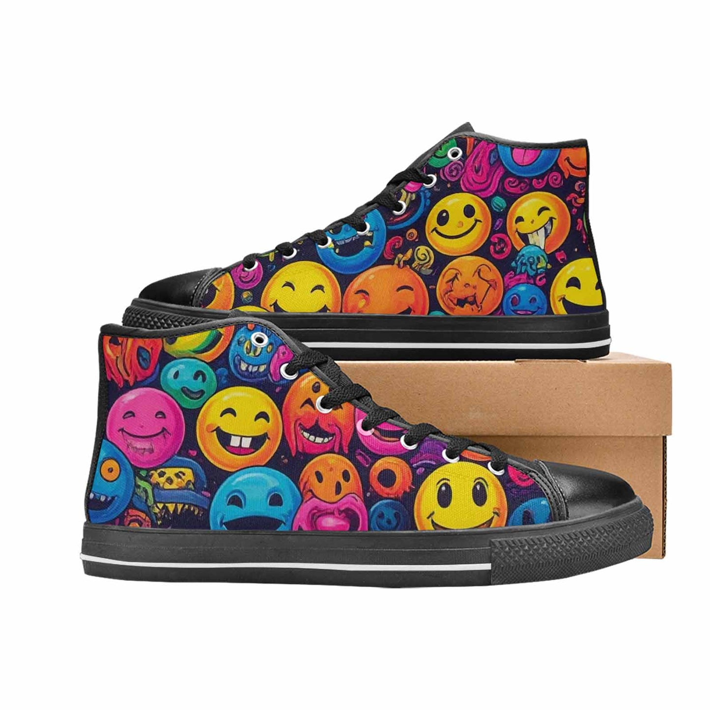MEN'S Yellow Smiley Face High Top Canvas Grunge Sneakers