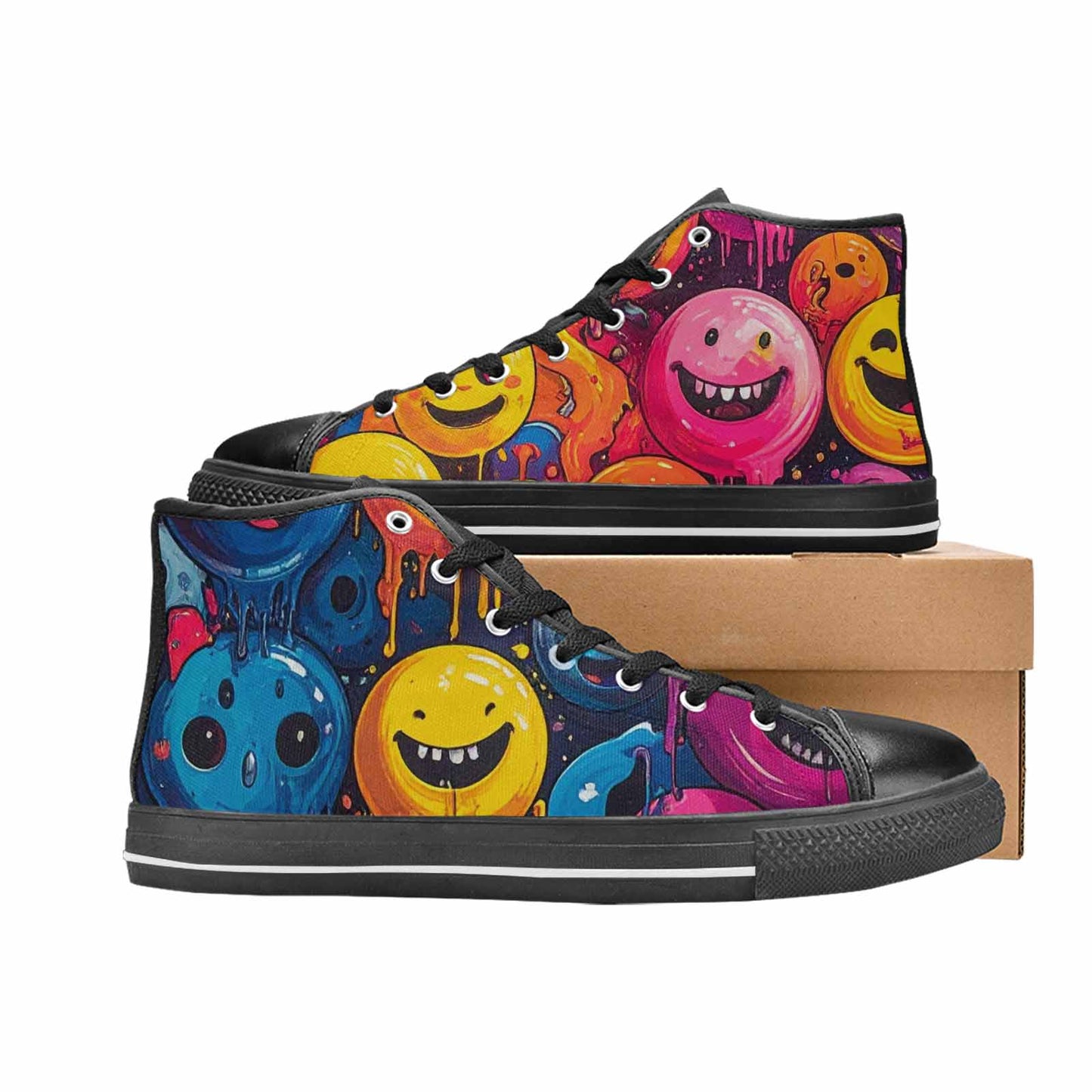 MEN'S Yellow Smiley Face High Top Canvas Neon Fantasy Shoes