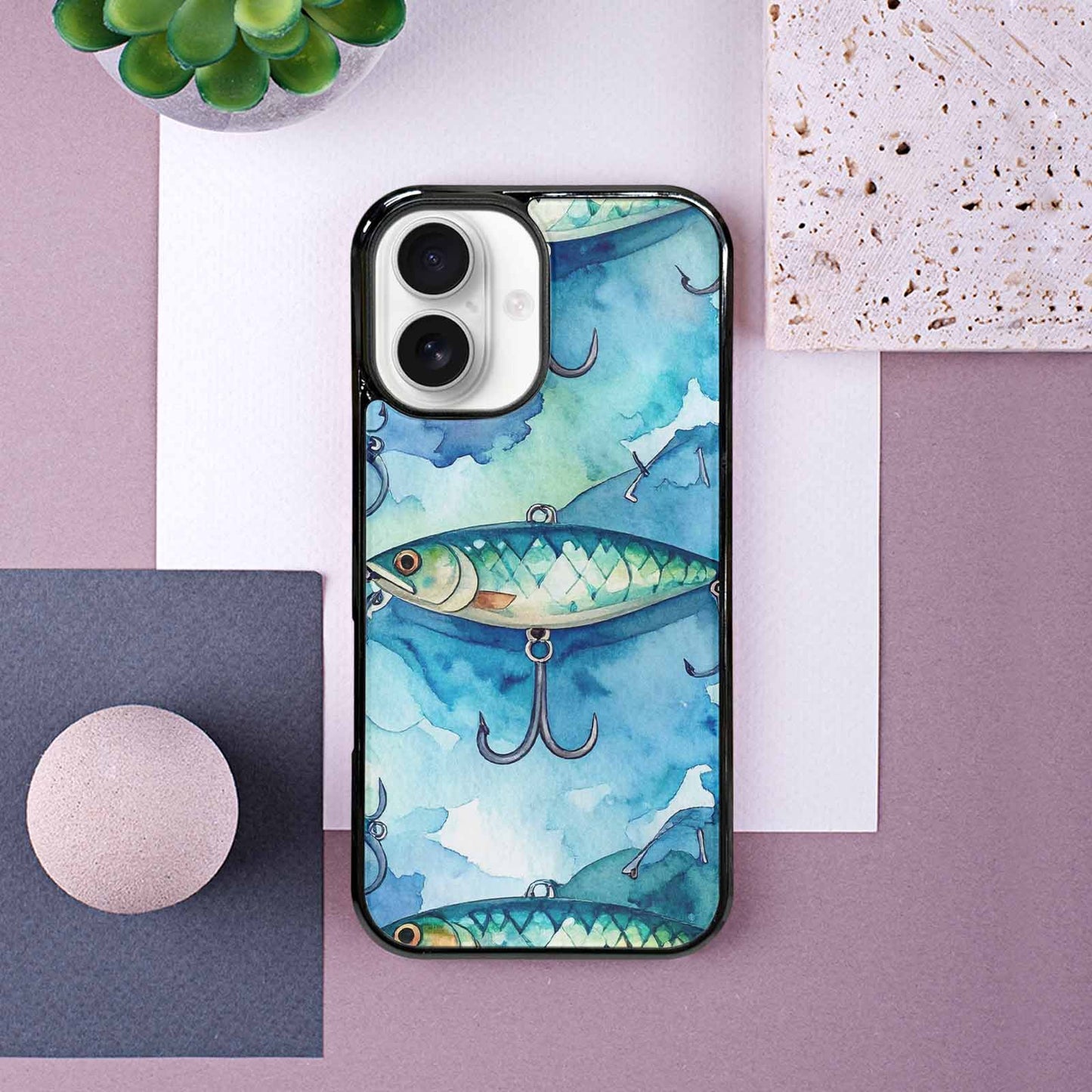 iPhone 16 Case — Fishing Lure And Hook Pattern Seamless, Custom Printed Phone Case