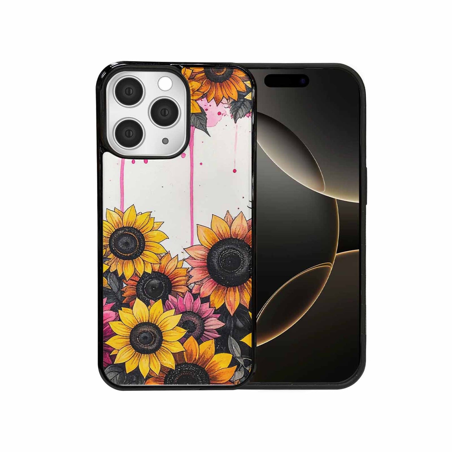 iPhone 15 Pro Max Case — Sunflower Burst Black Pink Ink Sunflowers, Personalized Phone Case