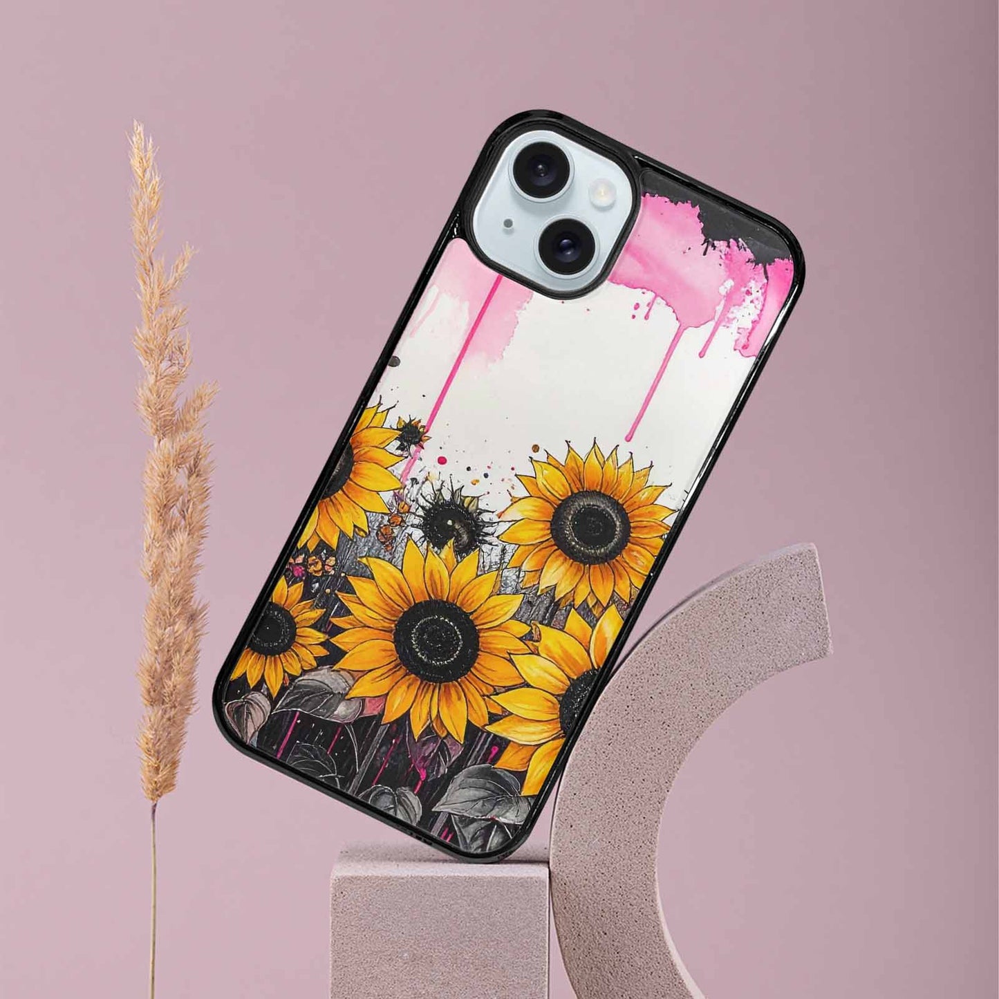 iPhone 15 Plus Case — Sunflower Burst Black Pink Ink Sunflowers, Customized Protective Case