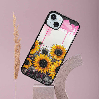 iPhone 15 Plus Case — Sunflower Burst Black Pink Ink Sunflowers, Customized Protective Case