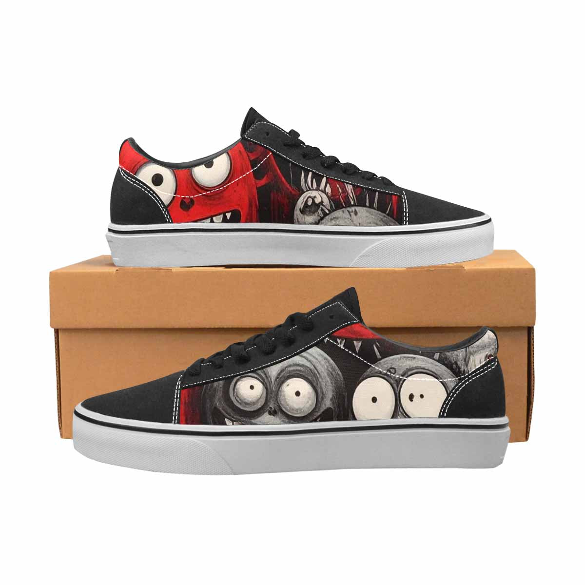 WOMEN'S Monsters Black & Red Ink Canvas Original Design Vibrant Chaos Handmade Custom Shoes