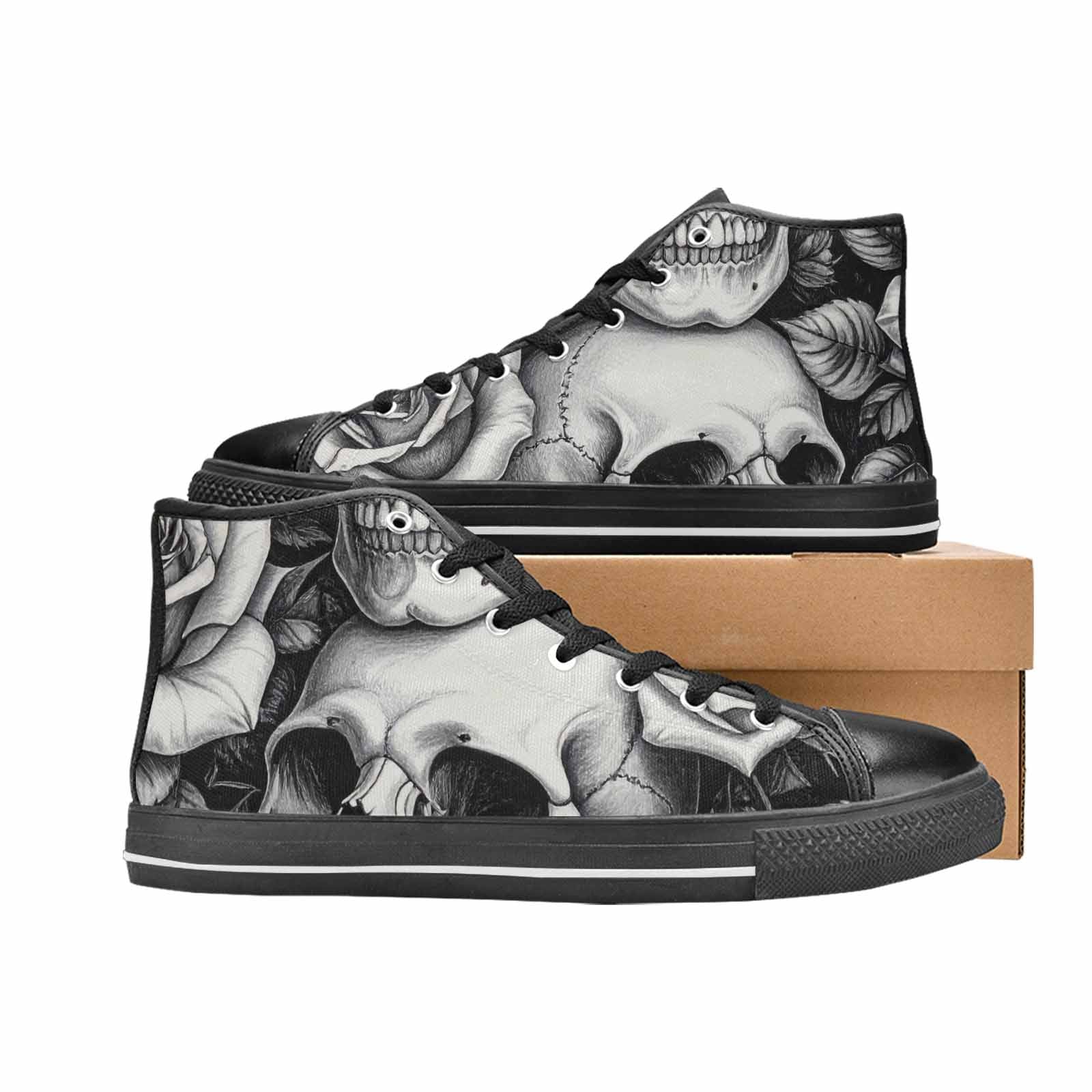 WOMEN'S Skulls Roses Pen Ink High Top Canvas Vibrant Chaos Sneakers