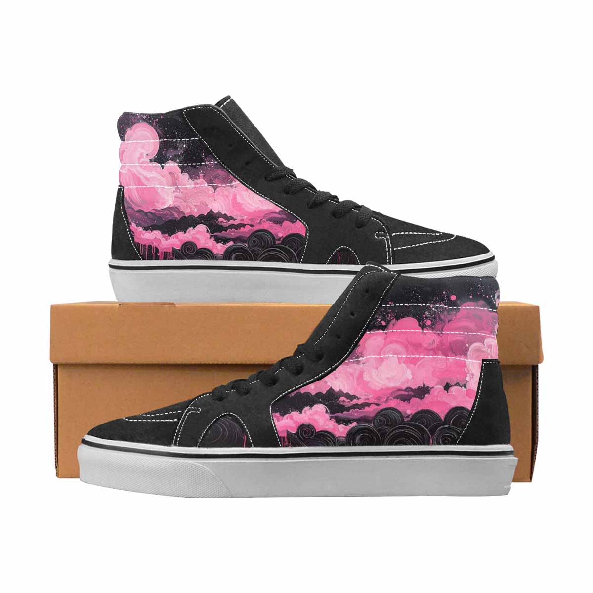 WOMEN'S Van Gogh Black & Pink Ink High Top Canvas One Of A Kind Surreal Custom Canvas Shoes