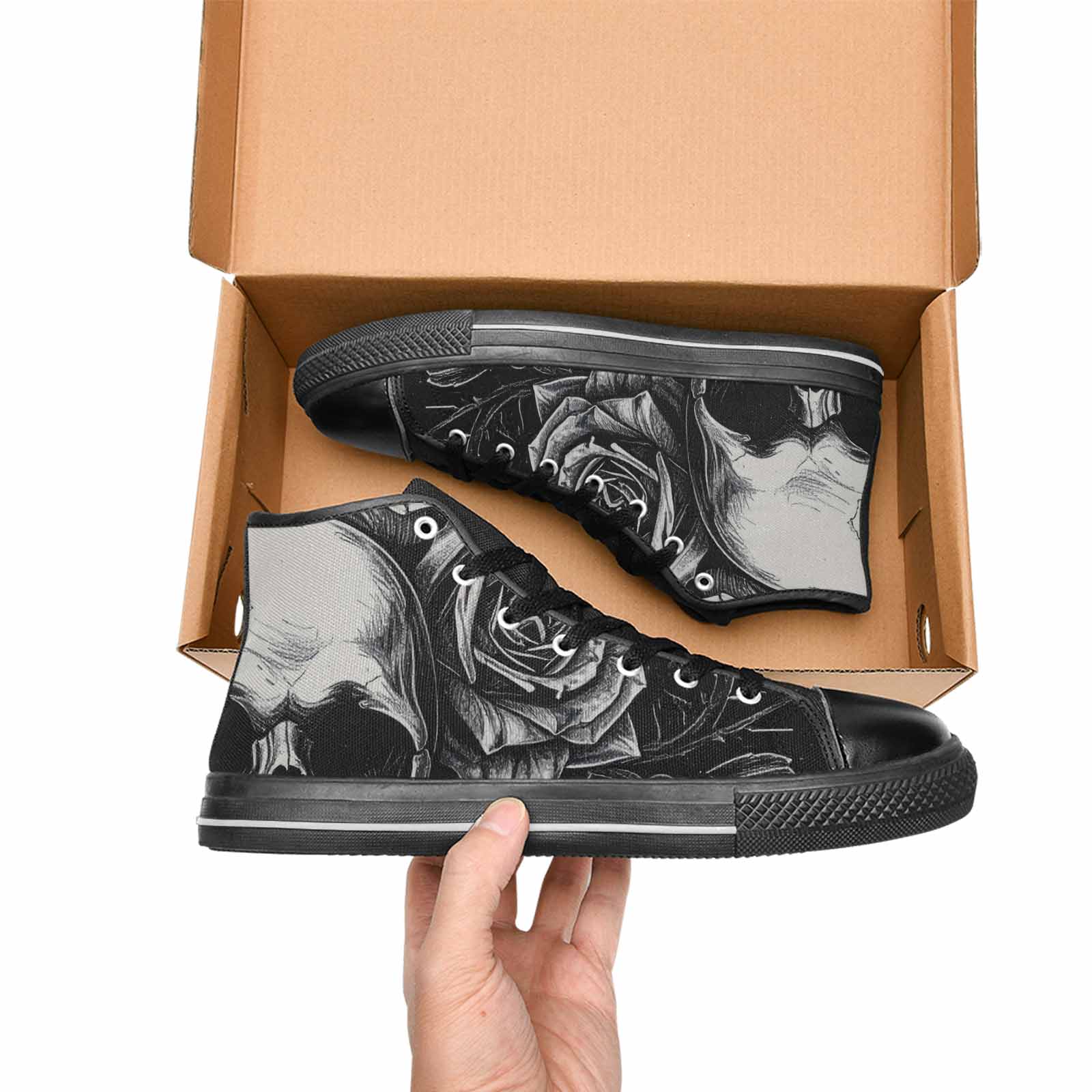 WOMEN'S Skulls Roses Black Ink High Top Canvas Grunge Custom Sneakers