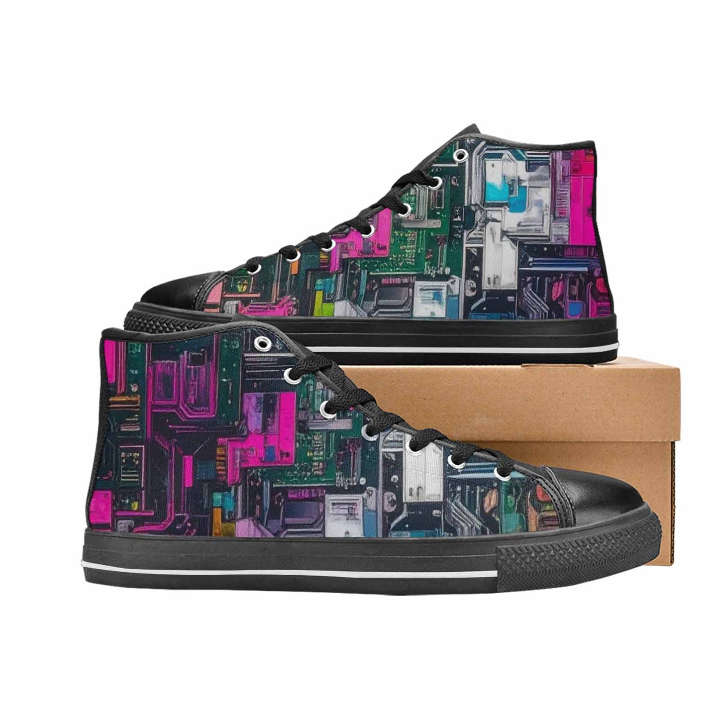 WOMEN'S Circuit Board Cyberpunk High Top Canvas Vibrant Chaos Sneakers