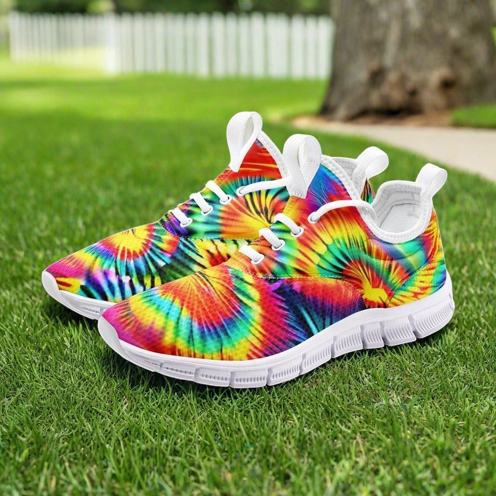 Rainbow Tie Dye high-top canvas shoes, custom full-wrap printed design — Freaky Shoes