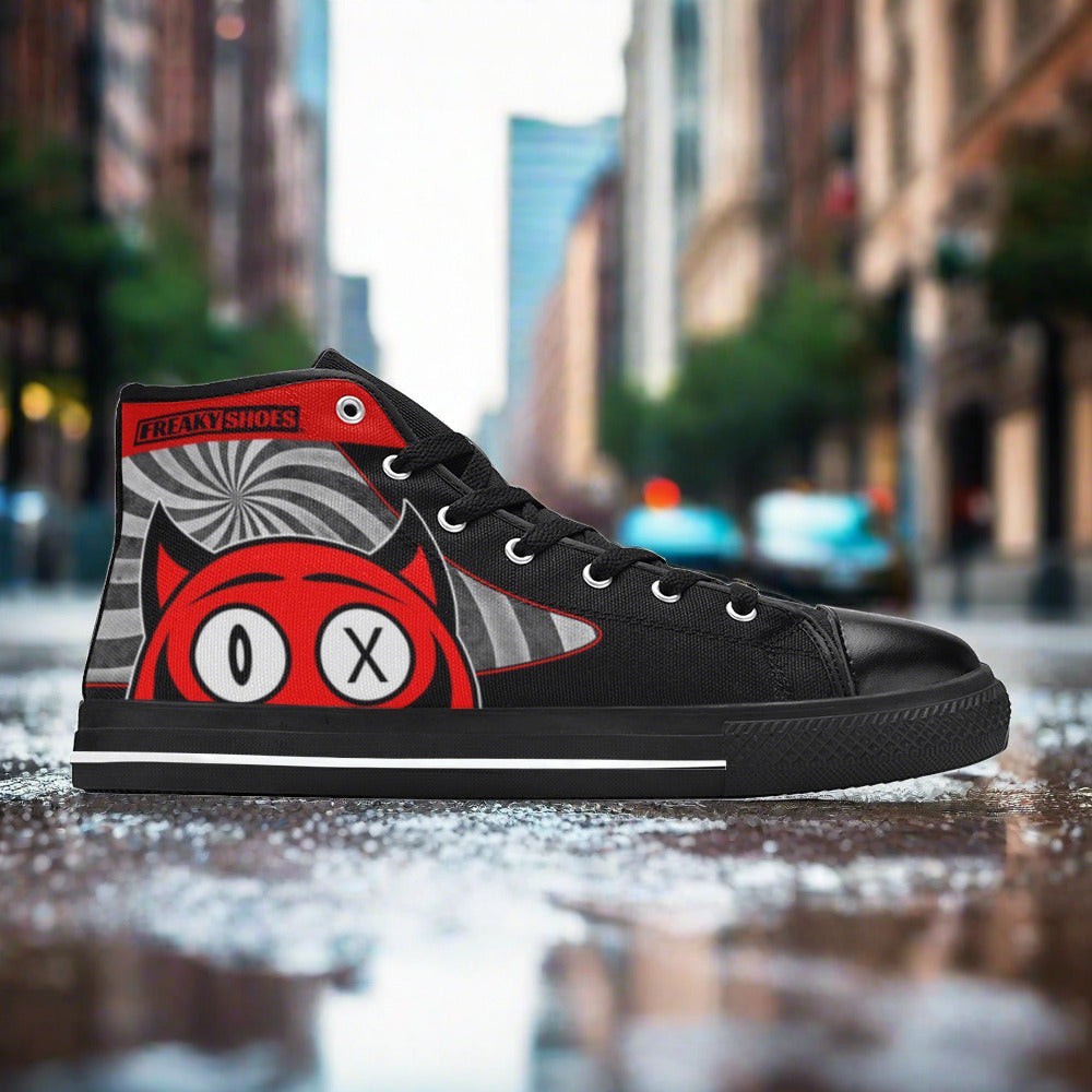 Men's Devil custom high-top canvas shoes — wearable art by Freaky Shoes