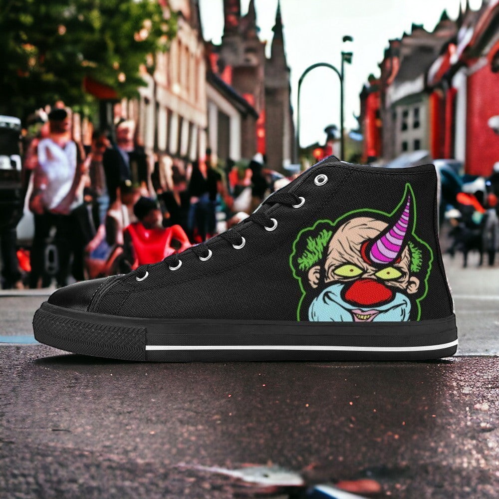 Women's Clown custom high-top canvas shoes — wearable art by Freaky Shoes