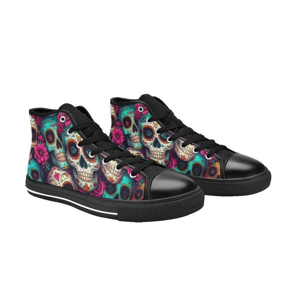 WOMEN'S Sugar Skull Gold Ornate High Top Canvas Wallpaper Art Sneakers