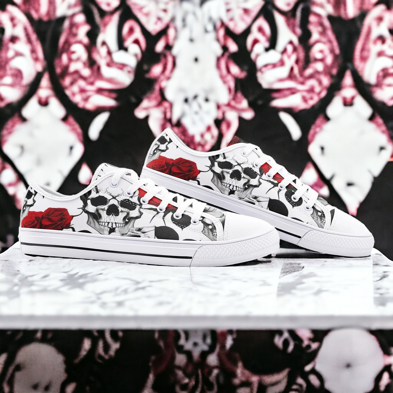 Skulls Roses Deluxe custom high-top canvas shoes — wearable art by Freaky Shoes