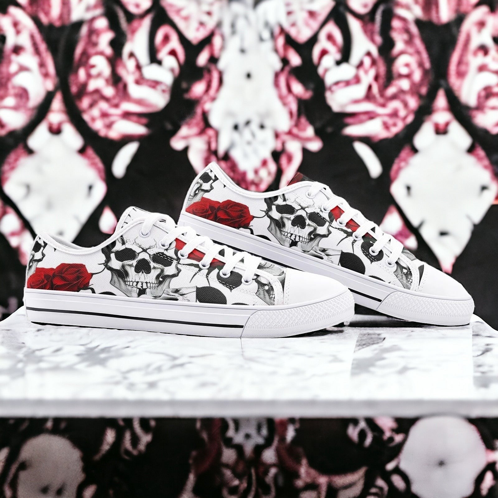 Skulls Roses Deluxe custom high-top canvas shoes — wearable art by Freaky Shoes