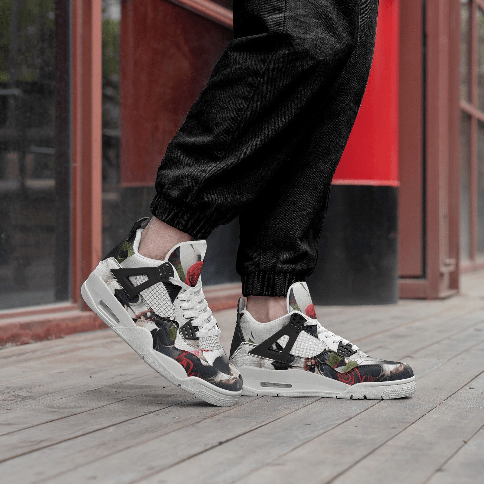 Skulls & Roses high-top canvas shoes — one-of-a-kind custom printed art, Freaky Shoes