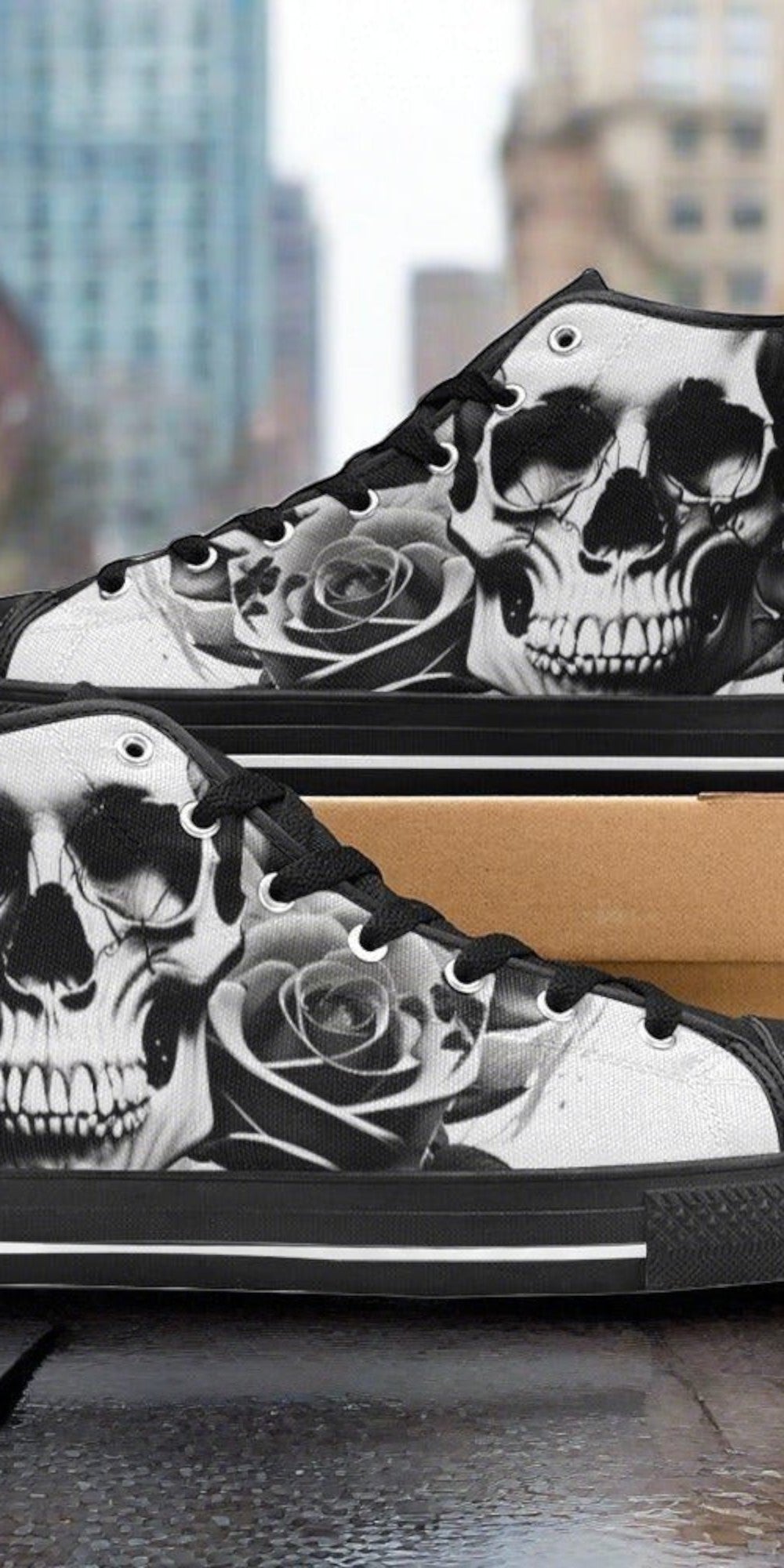 Men's Cartoon Skulls & Roses Black & White custom high-top canvas shoes — wearable art by Freaky Shoes