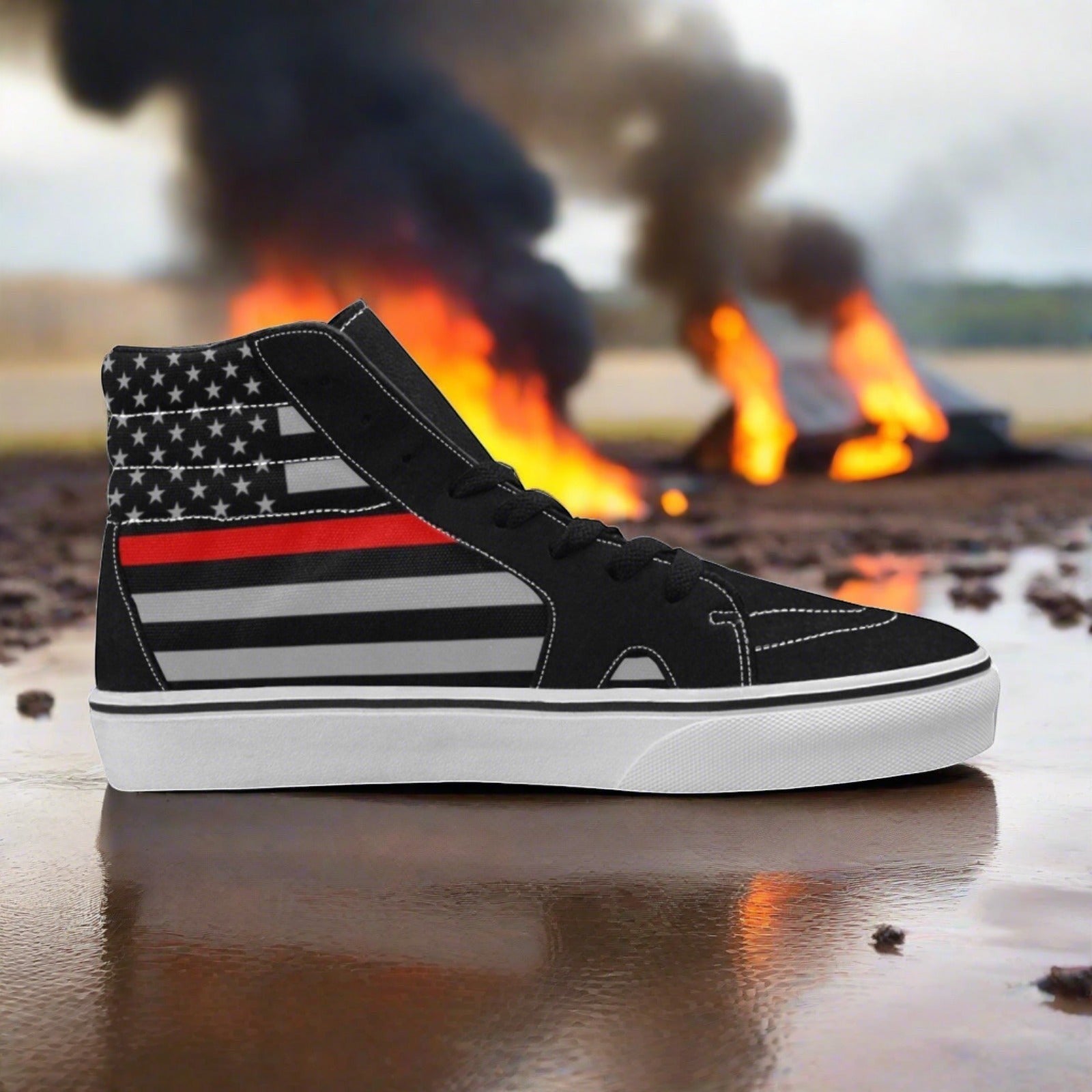 Women's Thin Red Line Flag Themed Fire Fighter custom high-top canvas shoes — wearable art by Freaky Shoes