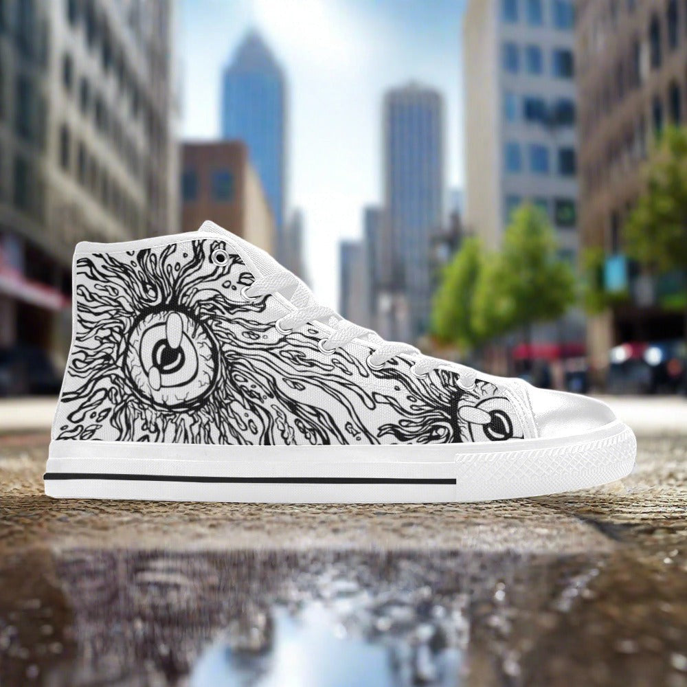 Women's Eyes custom high-top canvas shoes — wearable art by Freaky Shoes