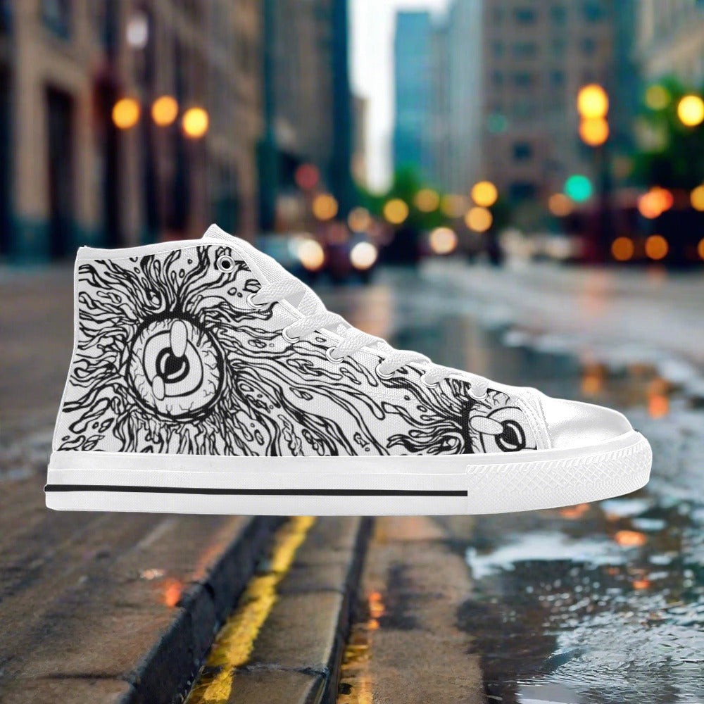 Men's Eyes hand-made high-top canvas shoes — unique wearable art by Freaky Shoes