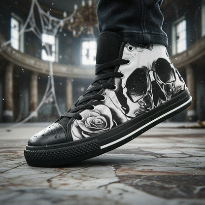 Women's Grey Skull & Roses Black & White high-top canvas shoes — one-of-a-kind custom printed art, Freaky Shoes