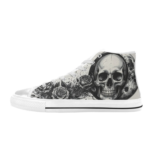 Grey Rose Monochrome Skull Women's Dark High Top Canvas Shoes | Freaky Shoes®