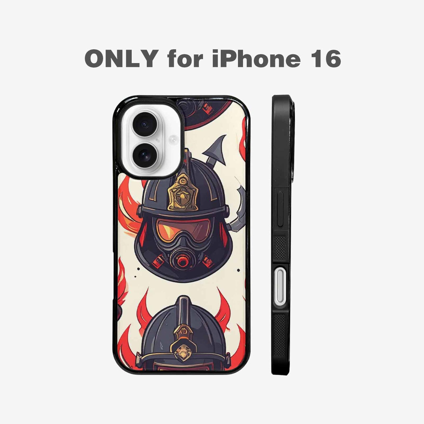 iPhone 16 Case — Firefighter Pattern Flames Axes Helmets Seamless, Customized Protective Case
