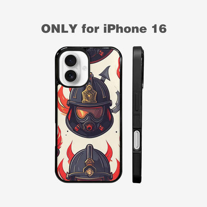 iPhone 16 Case — Firefighter Pattern Flames Axes Helmets Seamless, Customized Protective Case