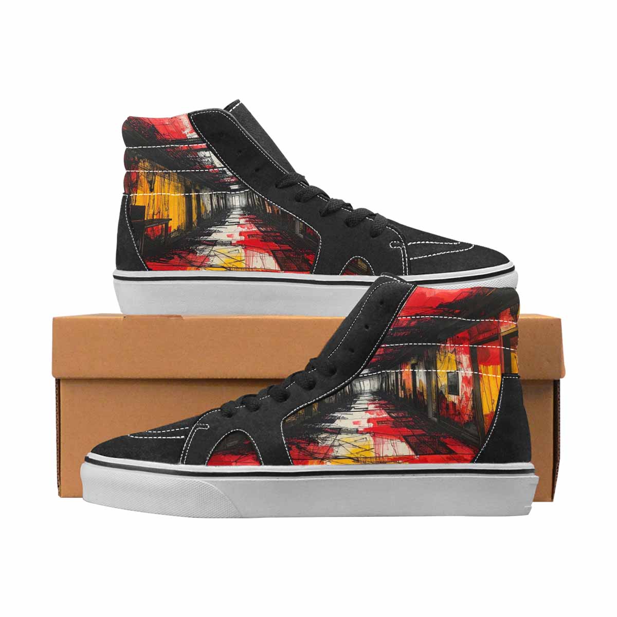 WOMEN'S Liminal Black & Red Ink High Top Canvas Streetwear Grunge Custom Canvas Shoes