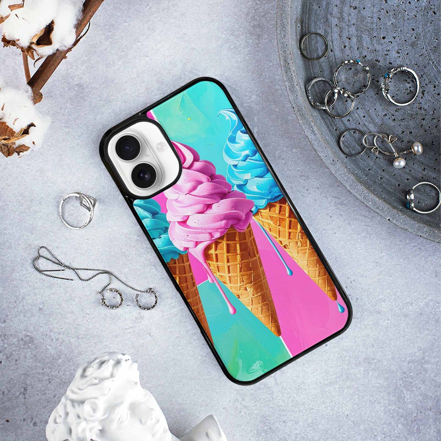 iPhone 16 Plus Case — Collage Of Overlapping Waffle Cones Icecream, Custom Printed Phone Case