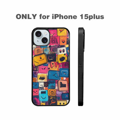 iPhone 15 Plus Case — Hand Drawn Icon Doodle Pattern Hundreds, Customized Protective Case