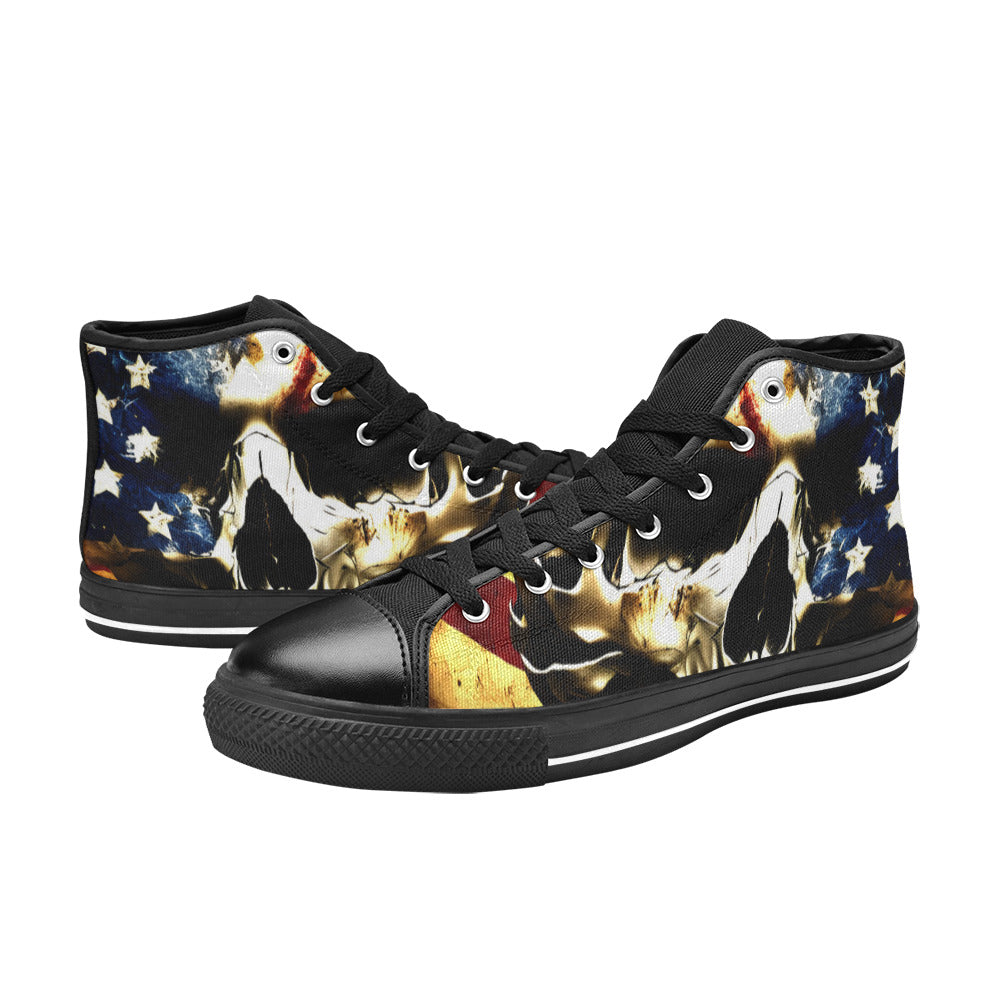 WOMEN'S Patriotic Usa Flag Skull High Top Canvas Grunge Shoes