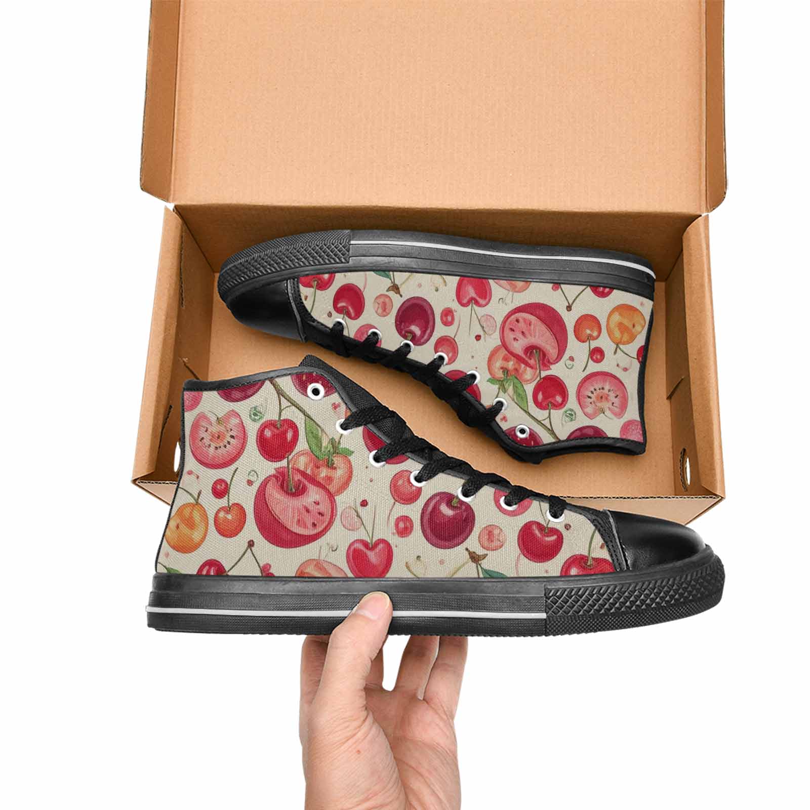 WOMEN'S Cherry Fruit Print High Top Canvas Wallpaper Art Sneakers