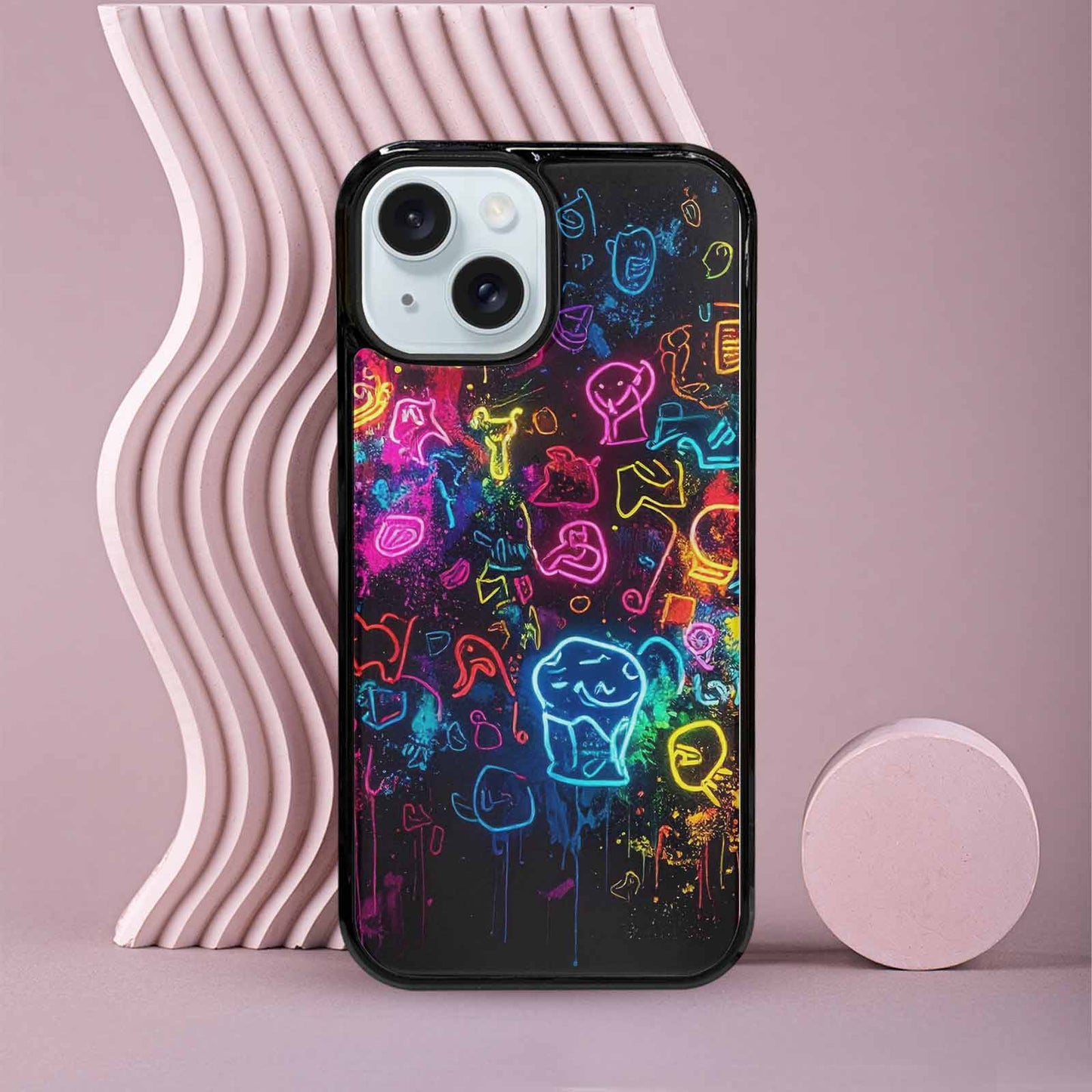 iPhone 15 Case — Neon Glow Outline Icon Pattern Hundreds, Unique Phone Case Design