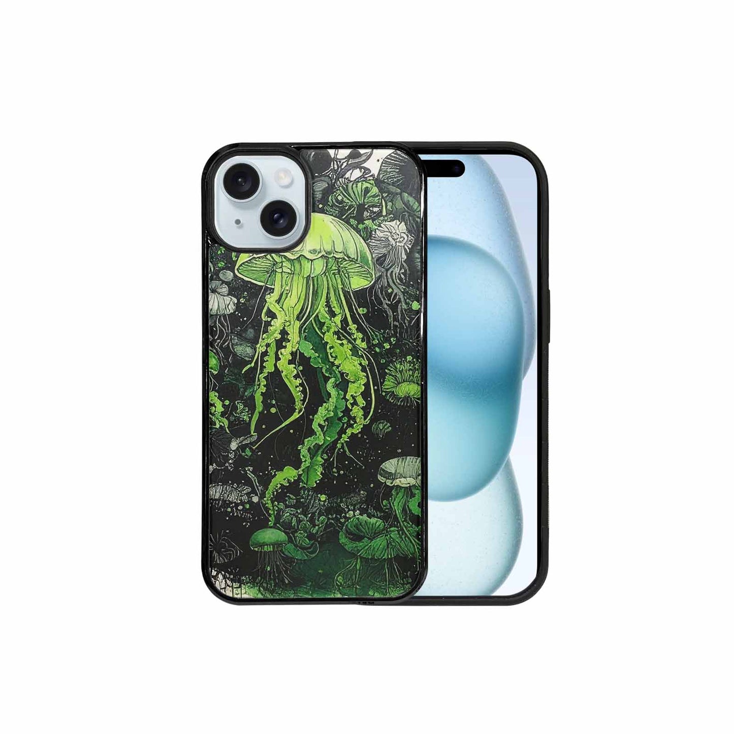 iPhone 15 Plus Case — Sea Creature Burst Black Green Ink, Customized Protective Case
