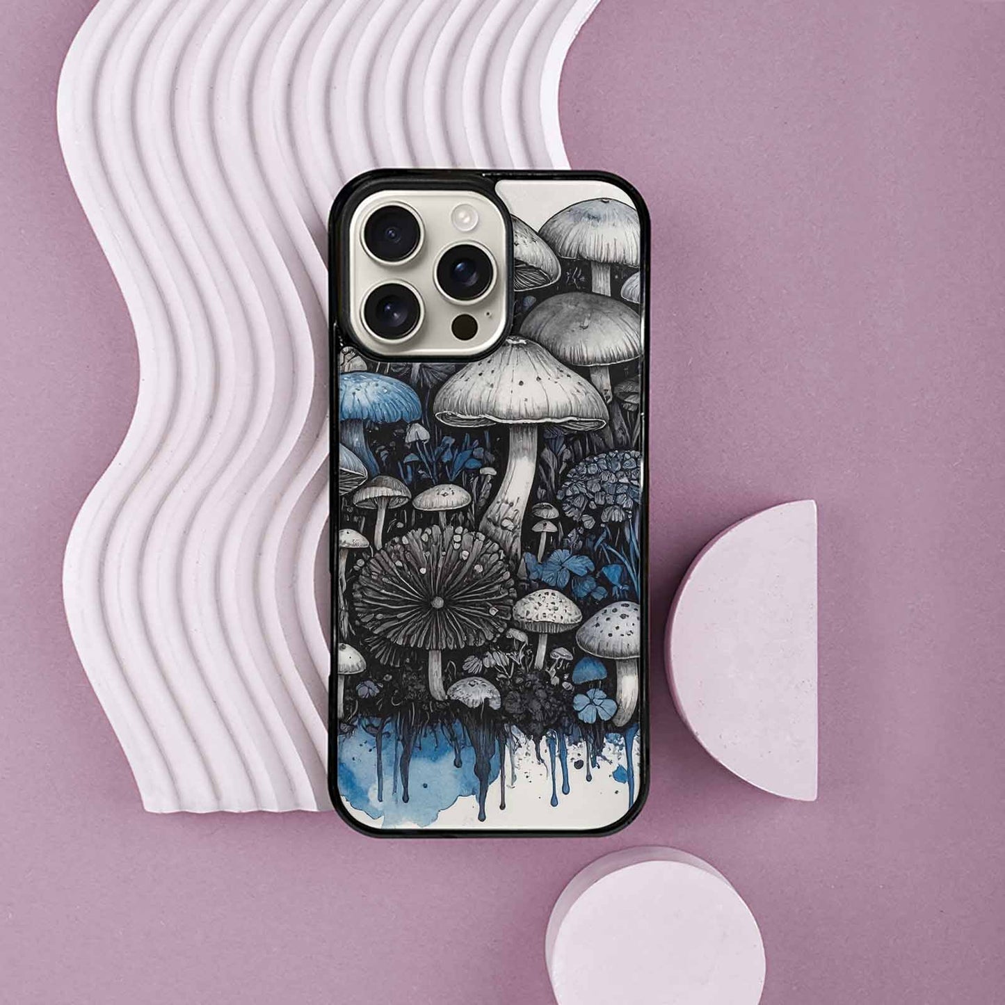 iPhone 16 Pro Max Case — Mushrooms General Black Blue Ink Mushrooms, Original Design Phone Case