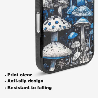 iPhone 16 Case — Mushrooms General Black Blue Ink Mushrooms, Custom Printed Phone Case